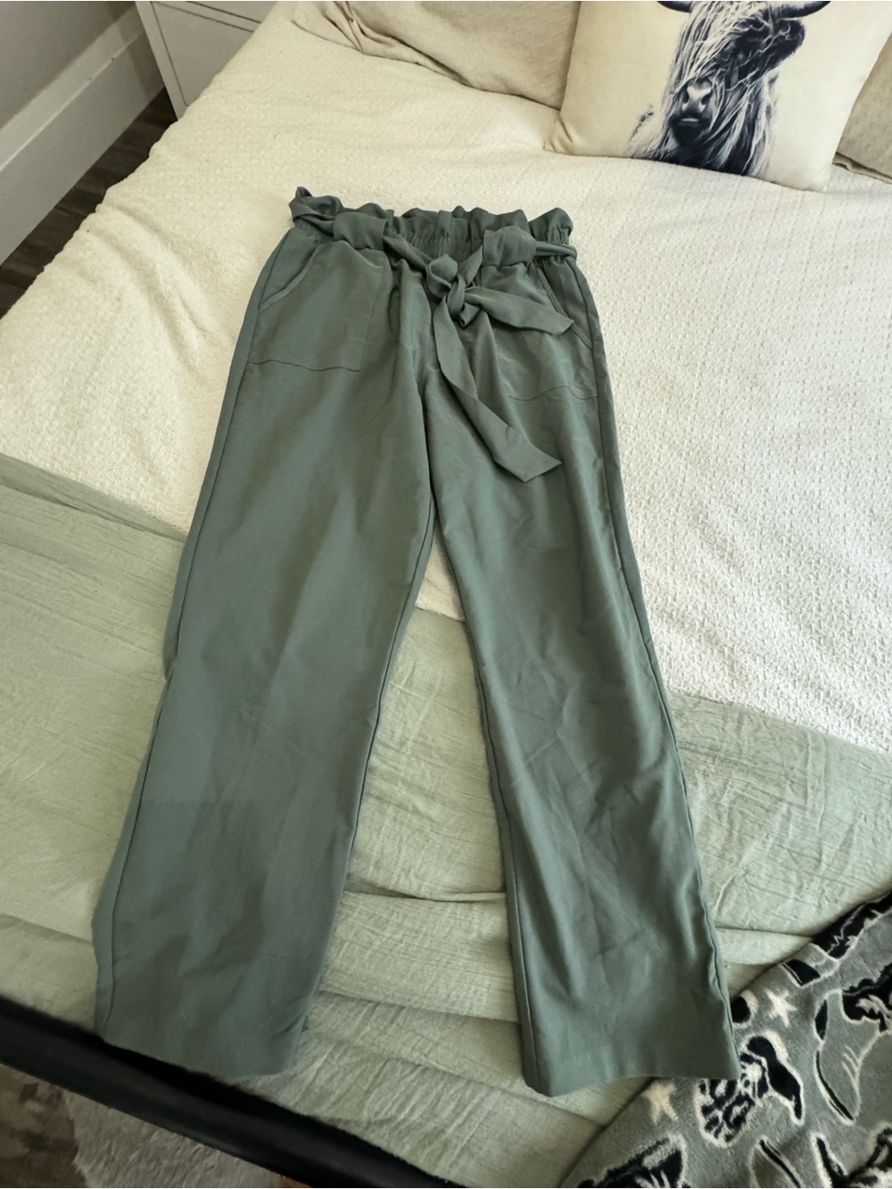 Grace Karin Wide-Leg Paperbag Waist Trousers in Sage